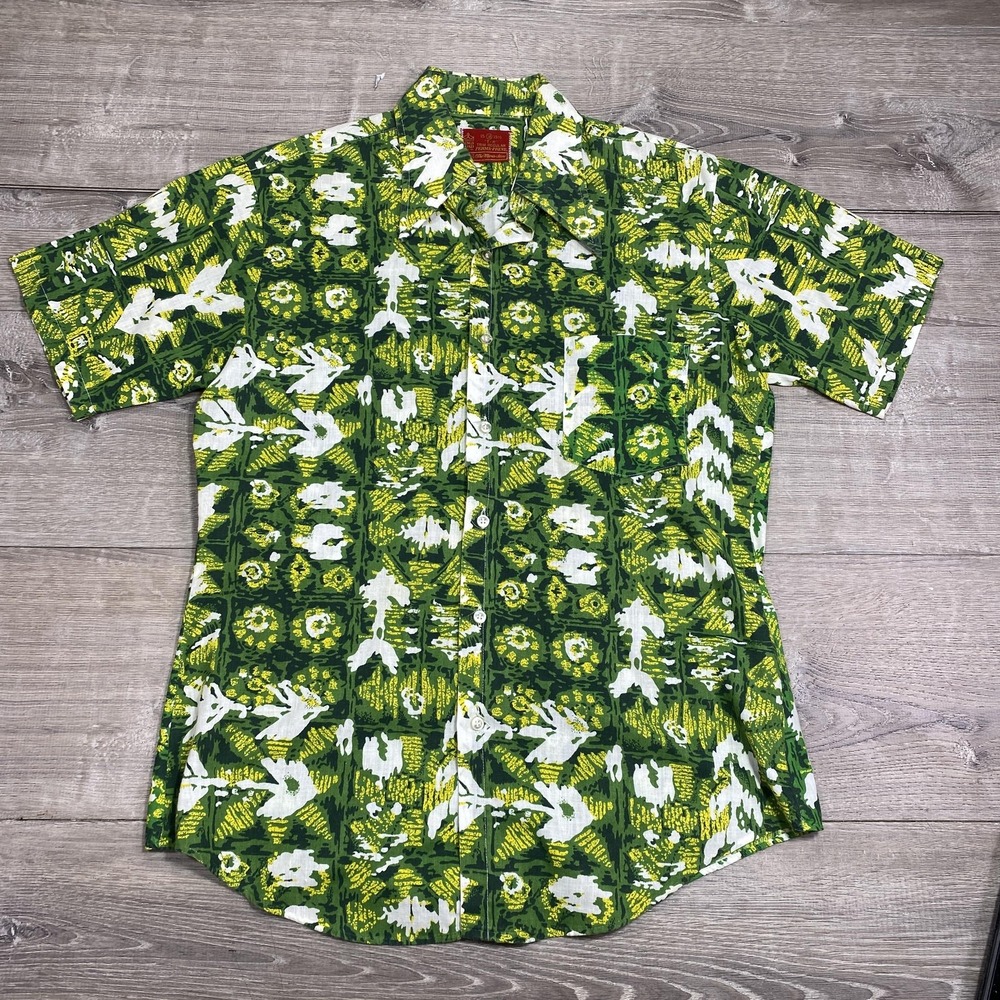 Vintage Sears Kings Road Hawaiian Shirt Men M Abstract MCM 70s‎ Perma-Prest TIKI